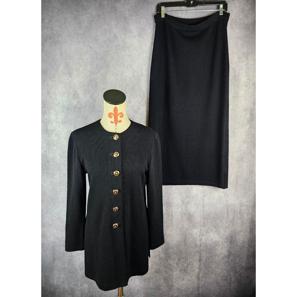St. John Basics 2Ps Suit Jacket S Skirt 4 Black Santana Knit Gold Button EUC!